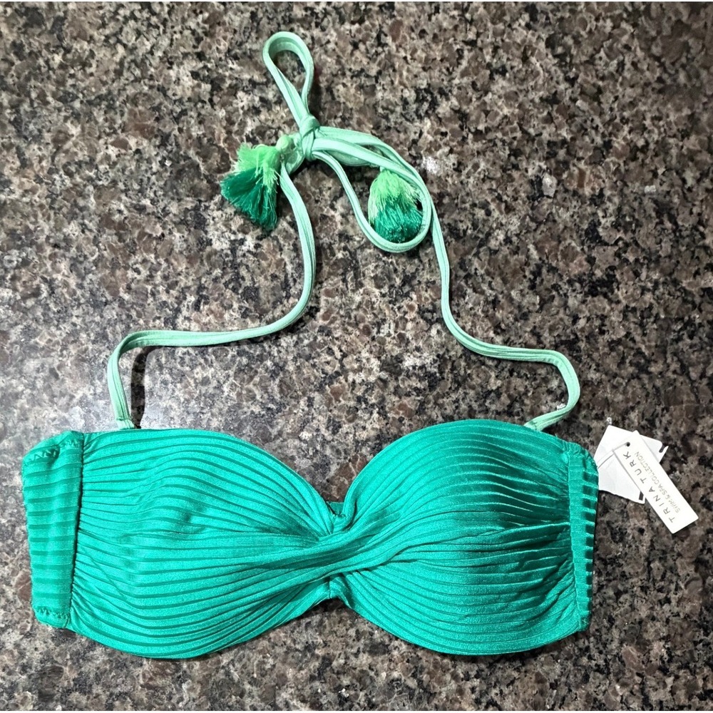 Trina Turk Green Ribbed Twist Bandeau Bikini Top Tassel Halter Size 8 NEW